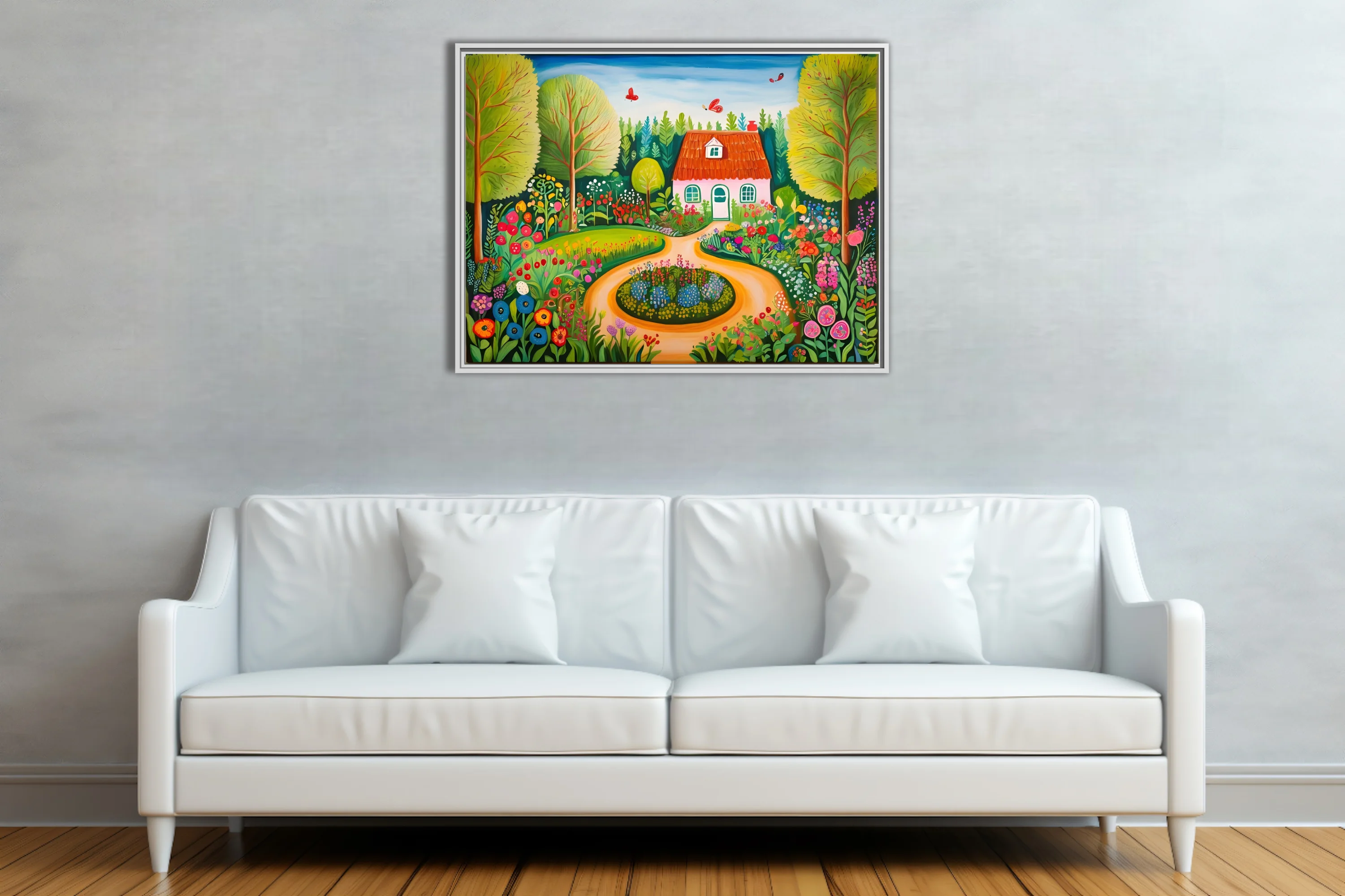 Folk-art style colorful garden cottage scene with flowers, trees, and butterflies