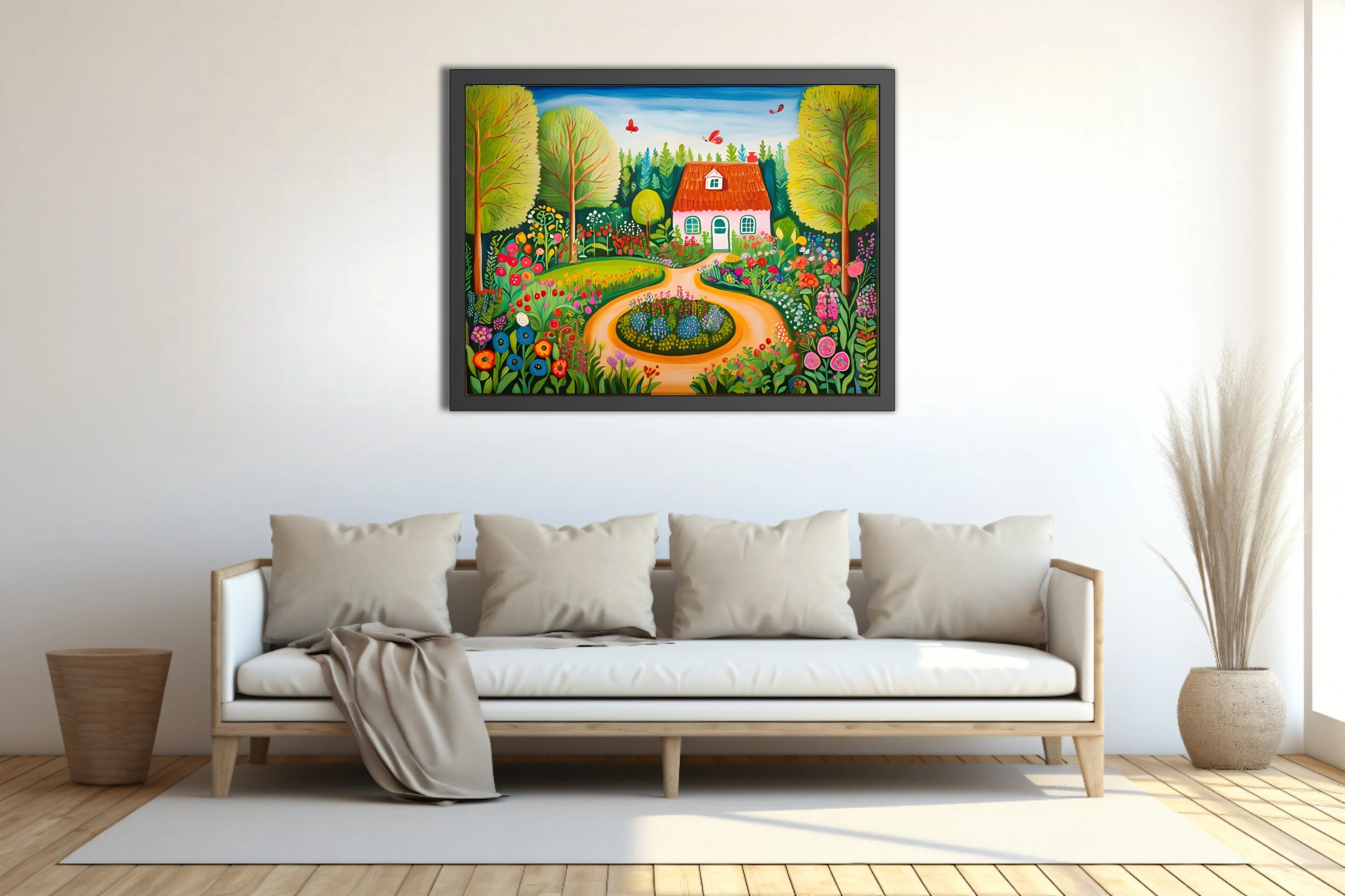 Folk-art style colorful garden cottage scene with flowers, trees, and butterflies