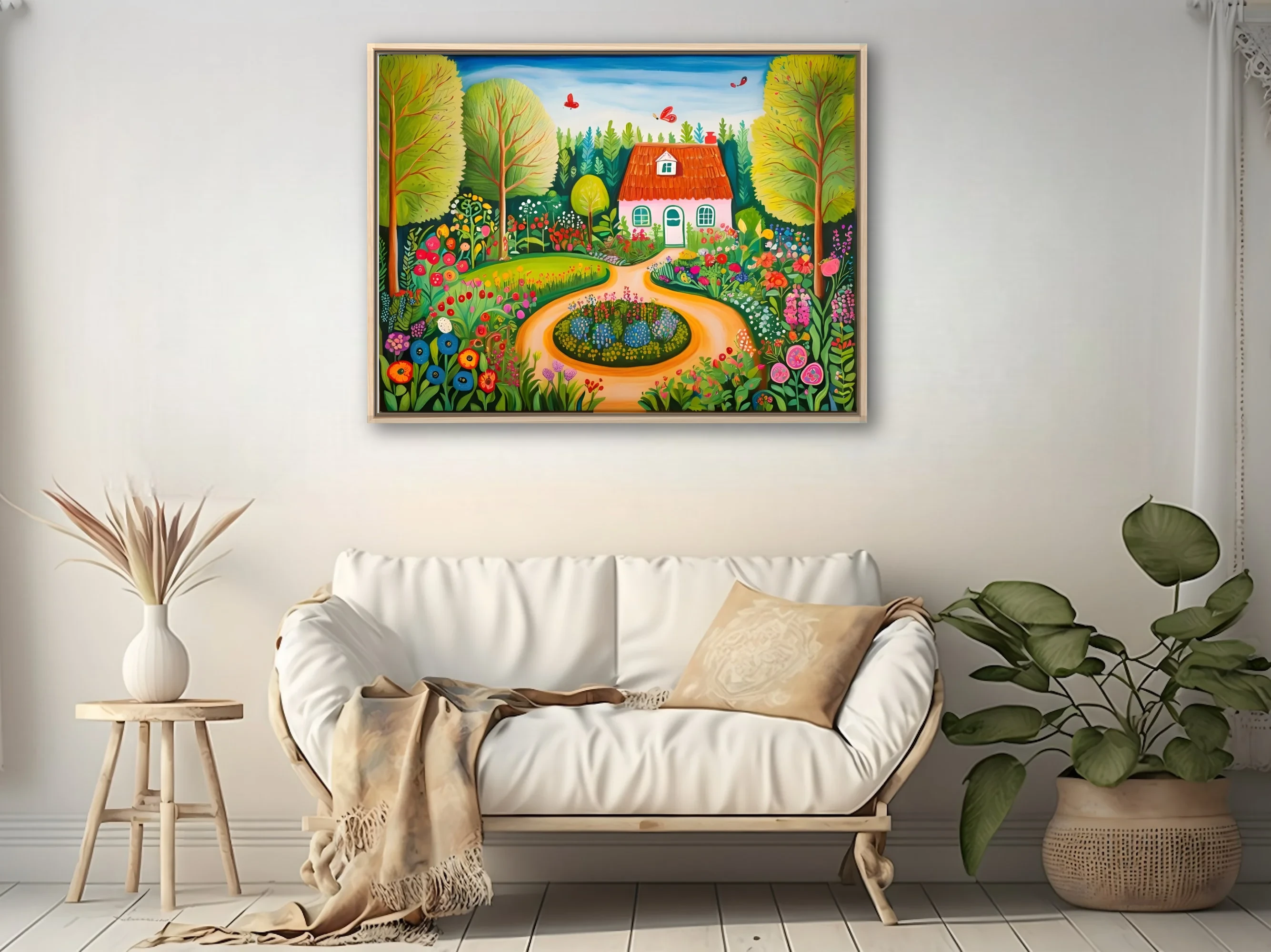 Folk-art style colorful garden cottage scene with flowers, trees, and butterflies