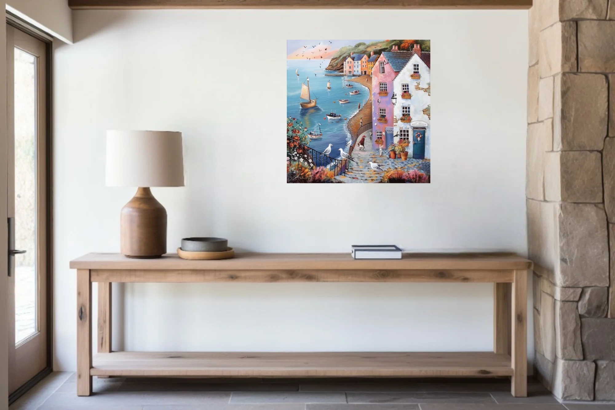 Folk-naive British seaside harbour scene with pastel buildings, sailing boats, and seabirds