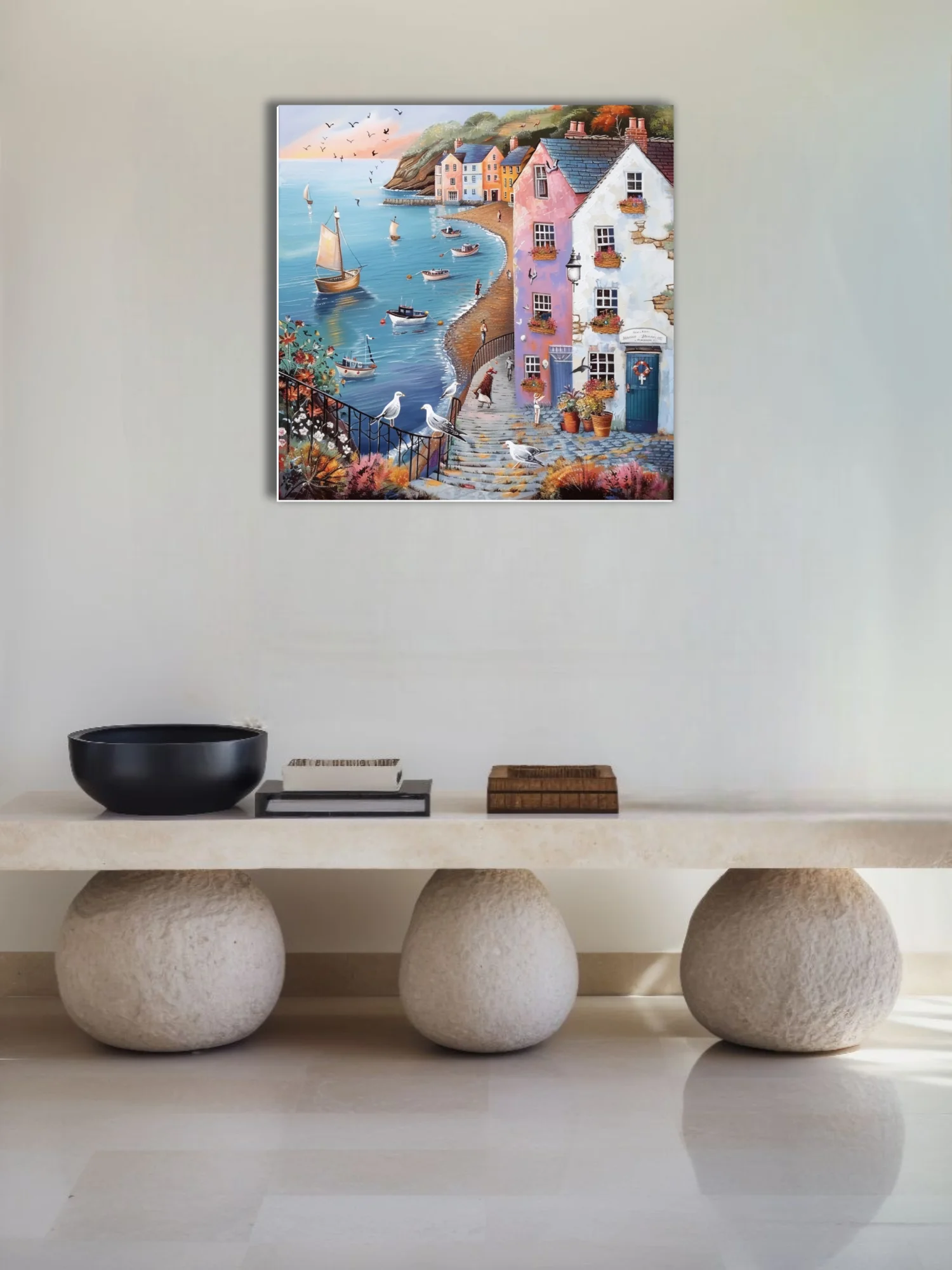 Folk-naive British seaside harbour scene with pastel buildings, sailing boats, and seabirds