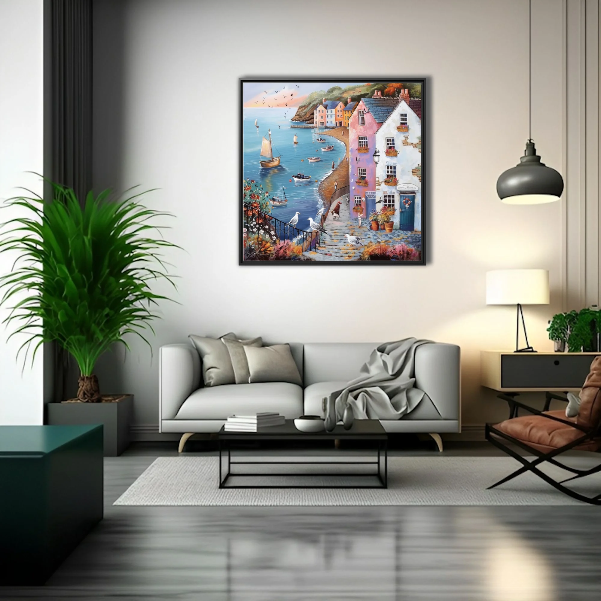 Folk-naive British seaside harbour scene with pastel buildings, sailing boats, and seabirds
