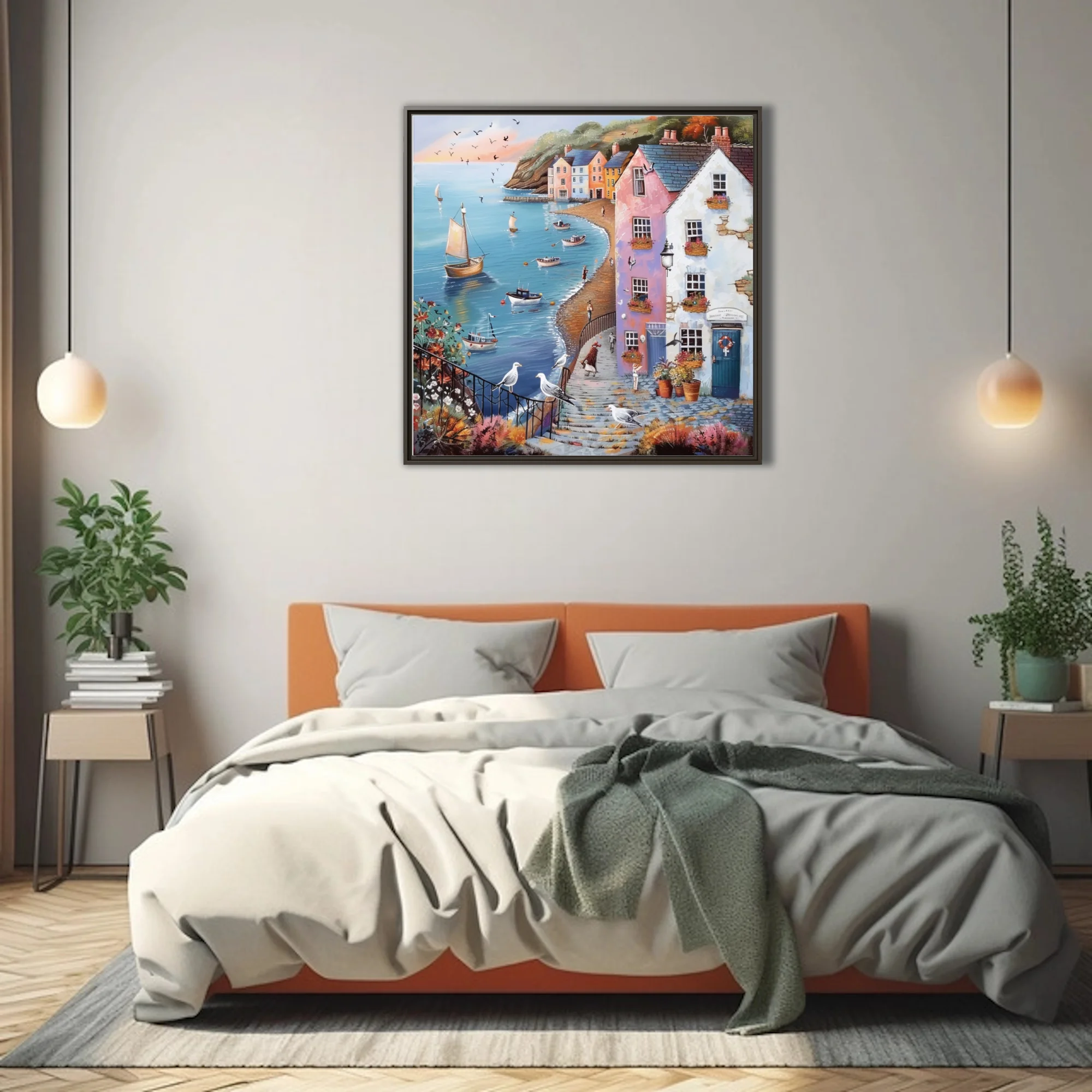 Folk-naive British seaside harbour scene with pastel buildings, sailing boats, and seabirds
