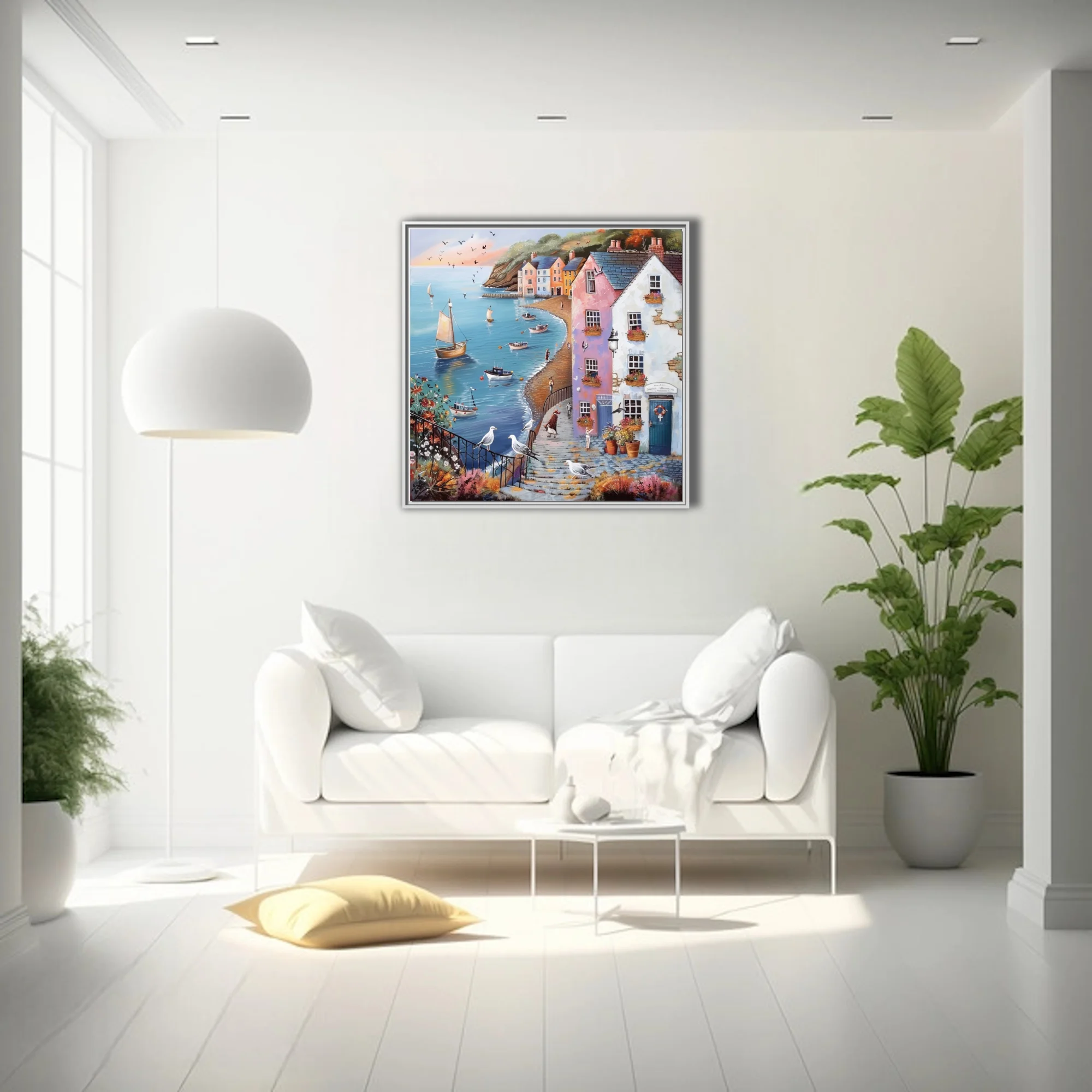 Folk-naive British seaside harbour scene with pastel buildings, sailing boats, and seabirds