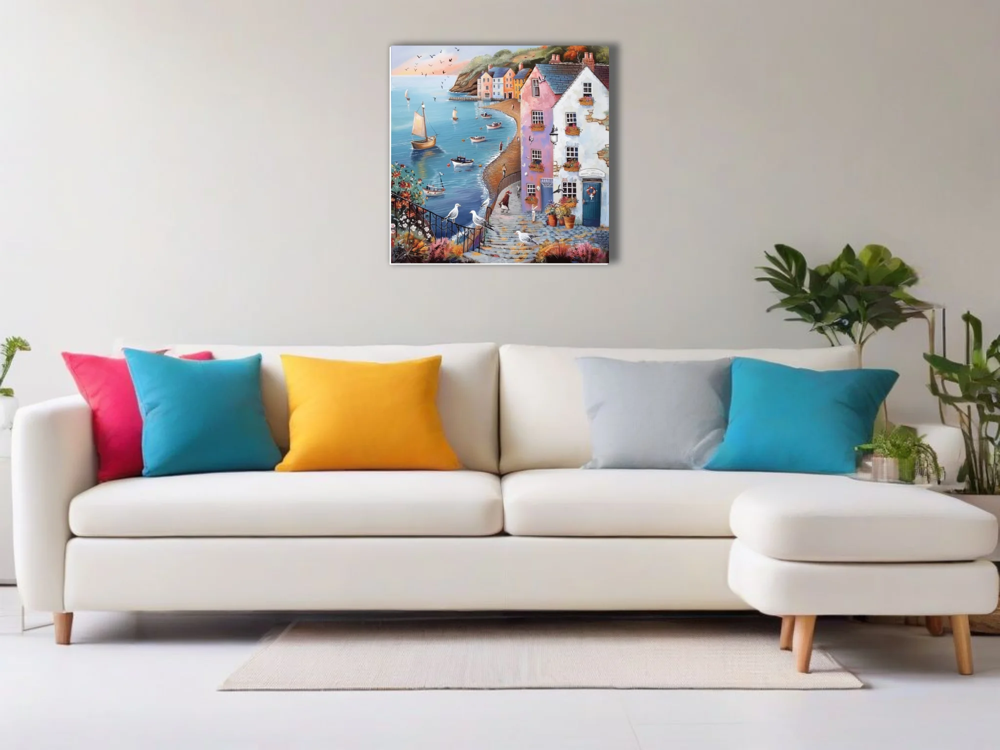 Folk-naive British seaside harbour scene with pastel buildings, sailing boats, and seabirds