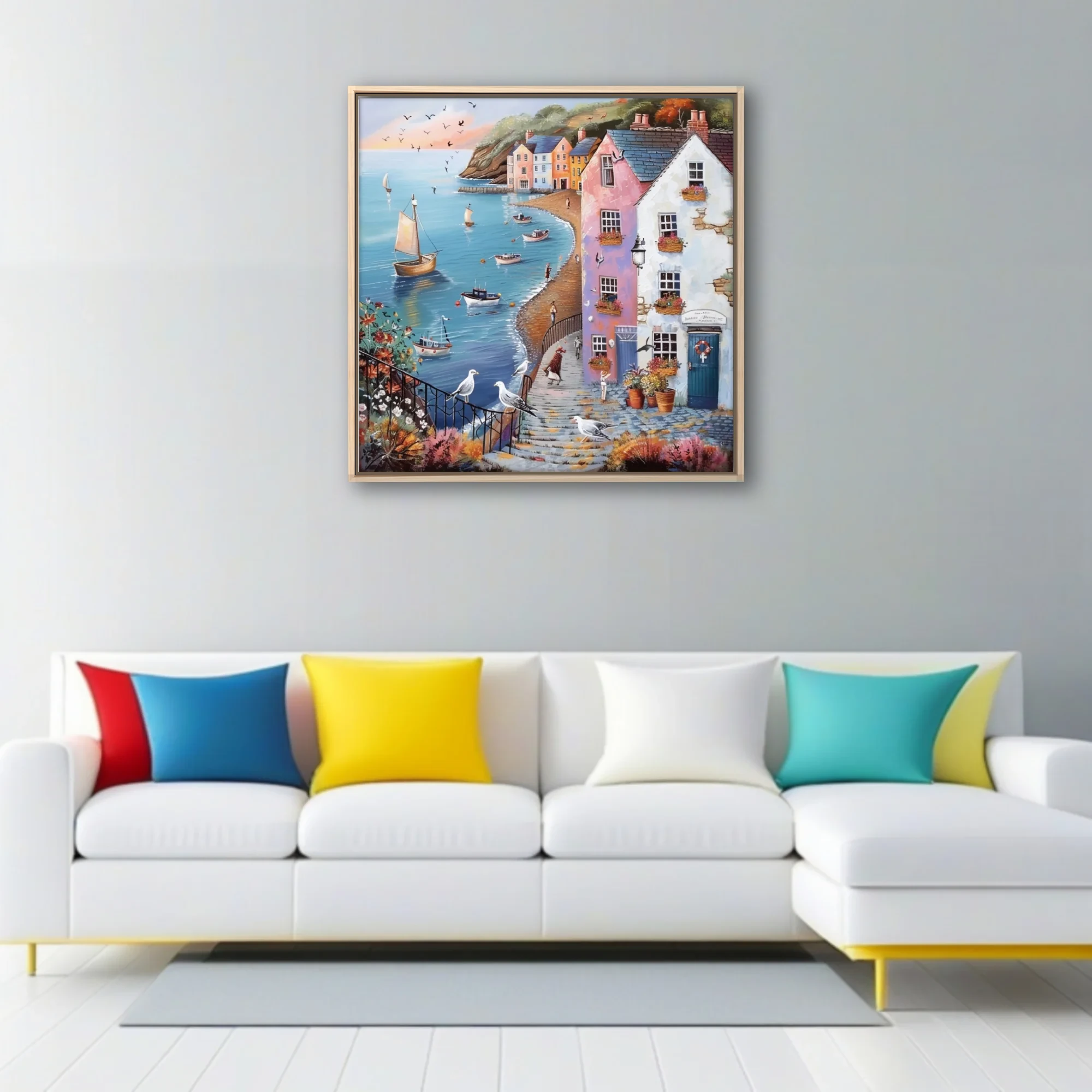 Folk-naive British seaside harbour scene with pastel buildings, sailing boats, and seabirds