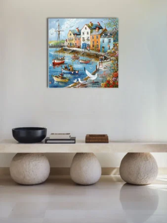 Folk-art-style colourful harbour village with fishing boats, seagulls, and quayside buildings