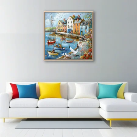 Folk-art-style colourful harbour village with fishing boats, seagulls, and quayside buildings