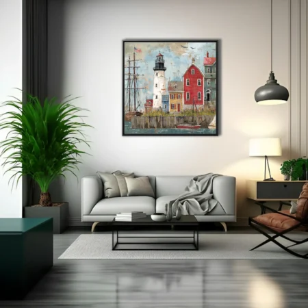 Folk art seaside town with lighthouse, colonial buildings, and sailing ships in red, white, and blue