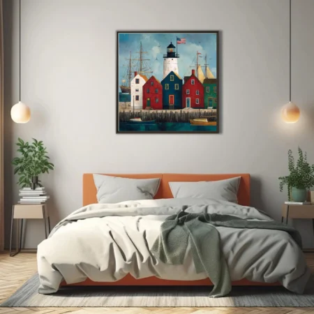 Folk-art coastal harbor scene with lighthouse, colorful buildings, and sailing ships