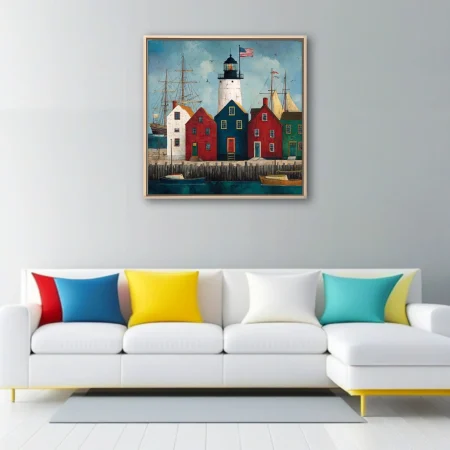 Folk-art coastal harbor scene with lighthouse, colorful buildings, and sailing ships