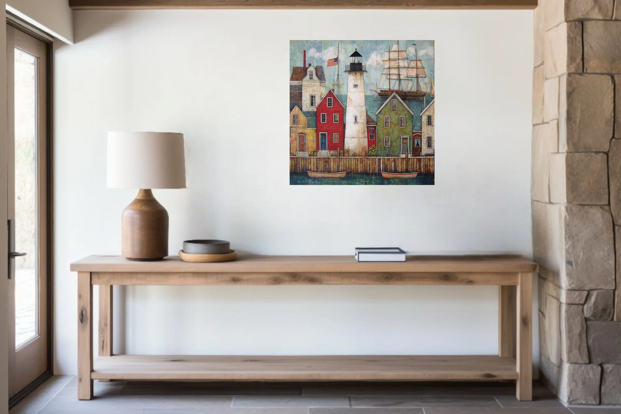 Folk art-style New England harbor town with lighthouse, tall ship, and colorful dockside buildings