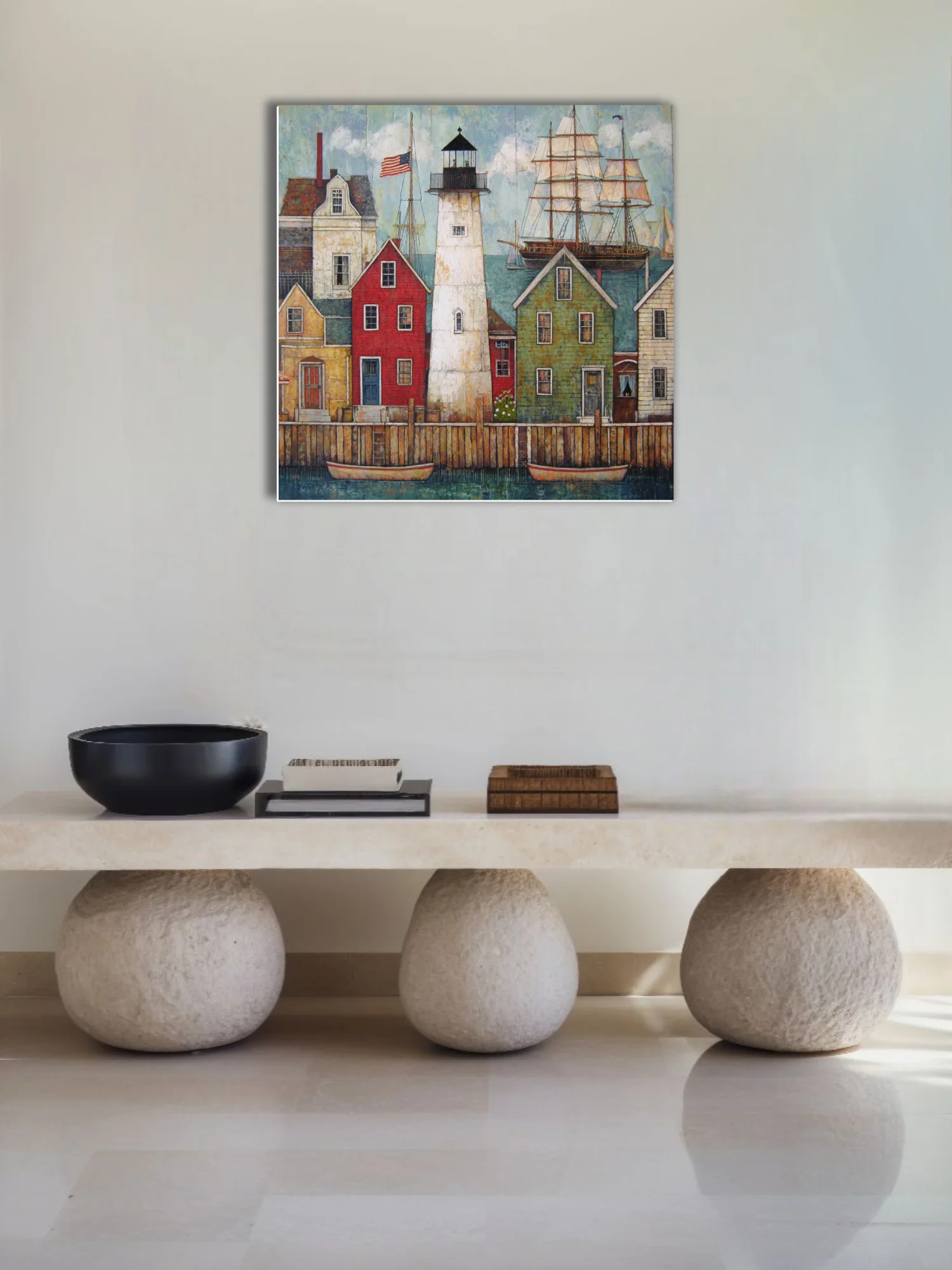 Folk art-style New England harbor town with lighthouse, tall ship, and colorful dockside buildings