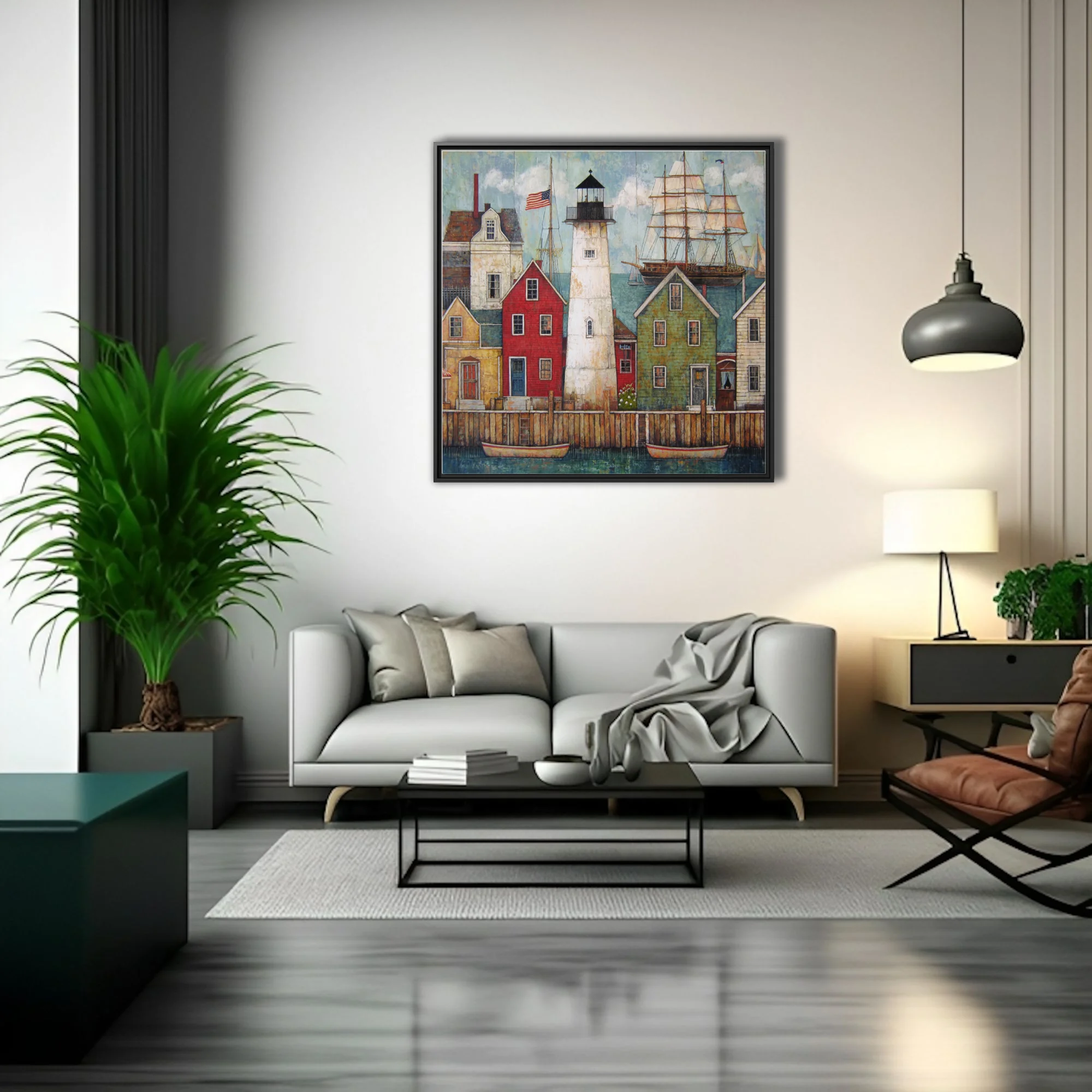 Folk art-style New England harbor town with lighthouse, tall ship, and colorful dockside buildings
