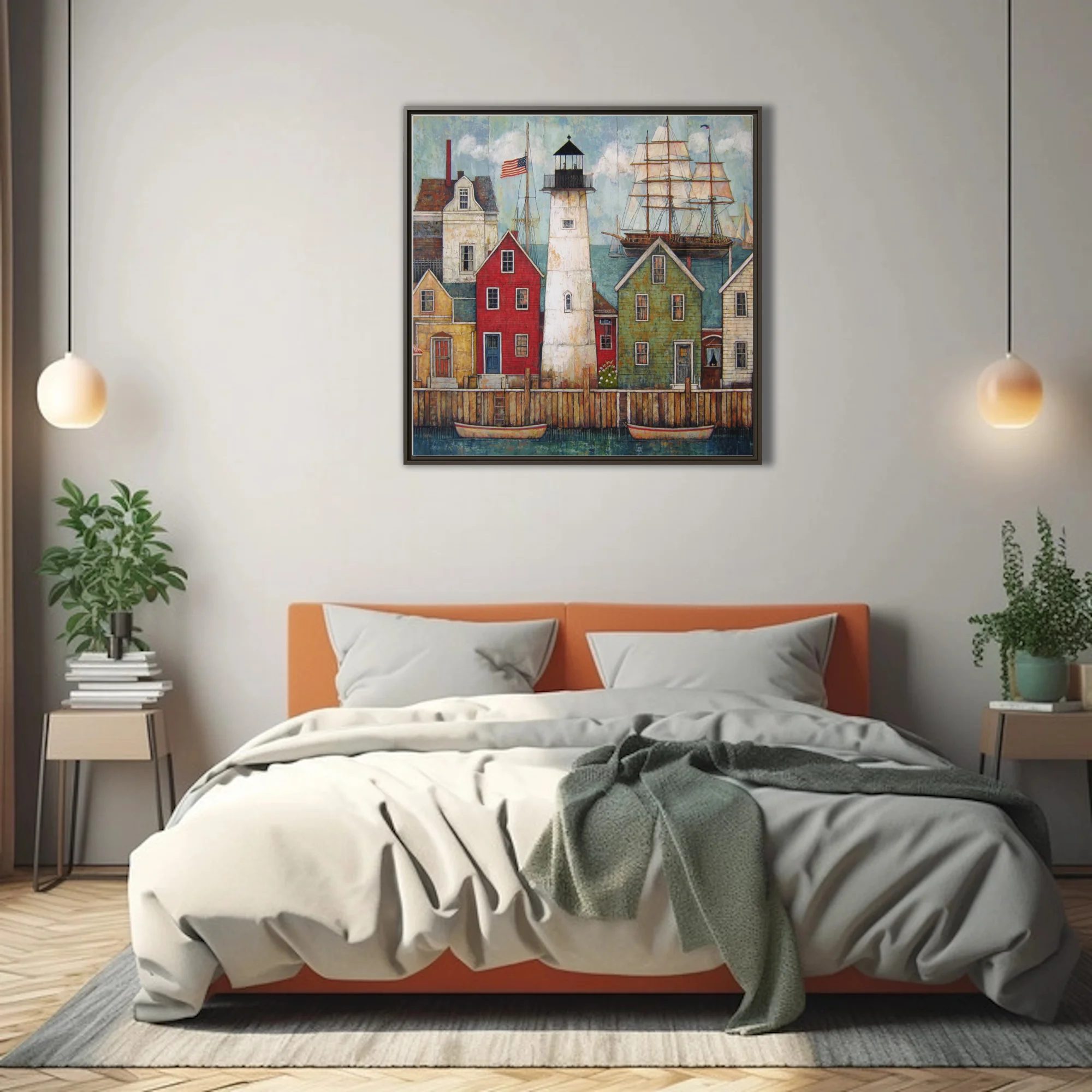 Folk art-style New England harbor town with lighthouse, tall ship, and colorful dockside buildings