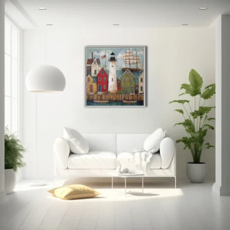 Folk art-style New England harbor town with lighthouse, tall ship, and colorful dockside buildings