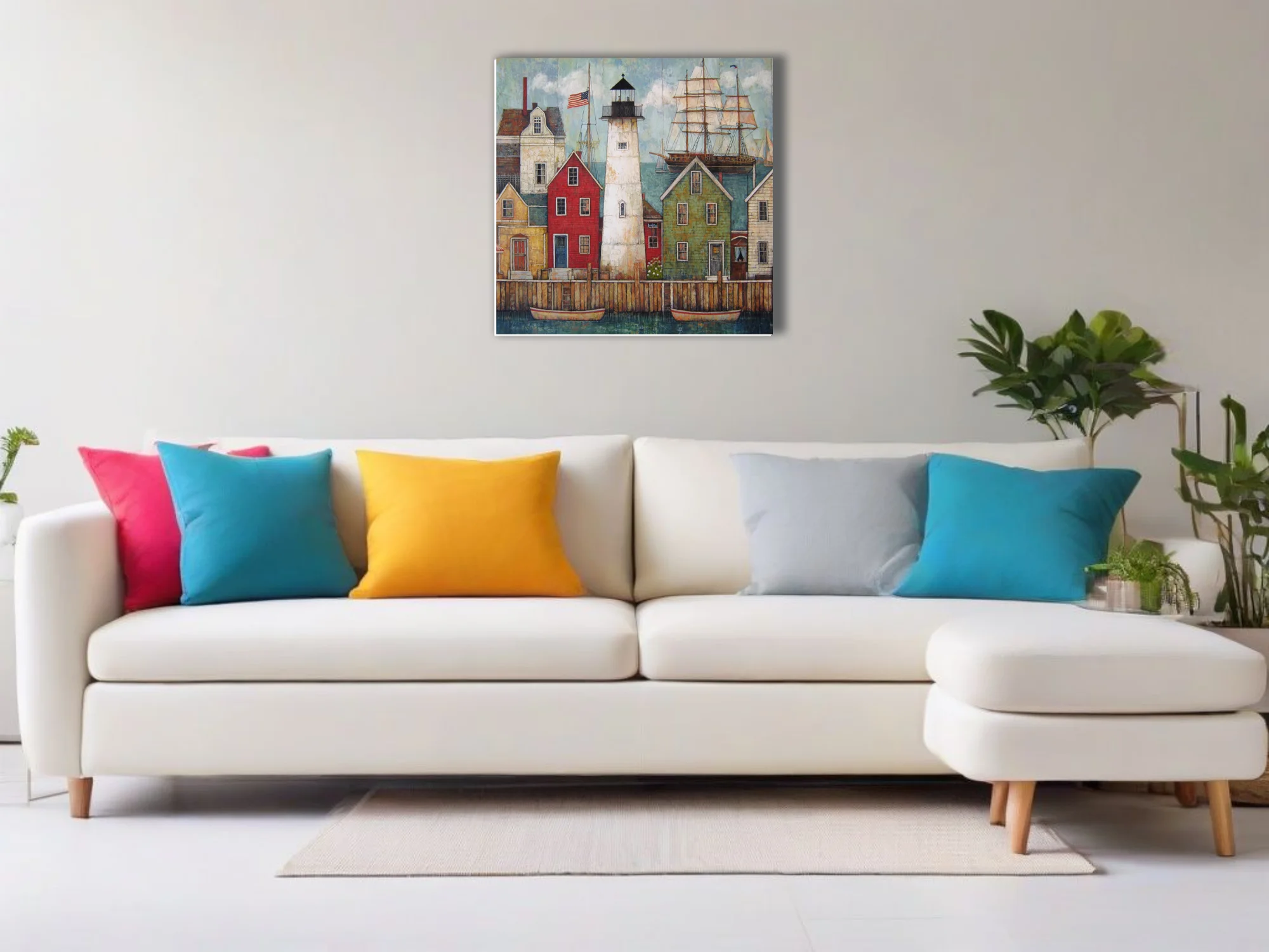 Folk art-style New England harbor town with lighthouse, tall ship, and colorful dockside buildings