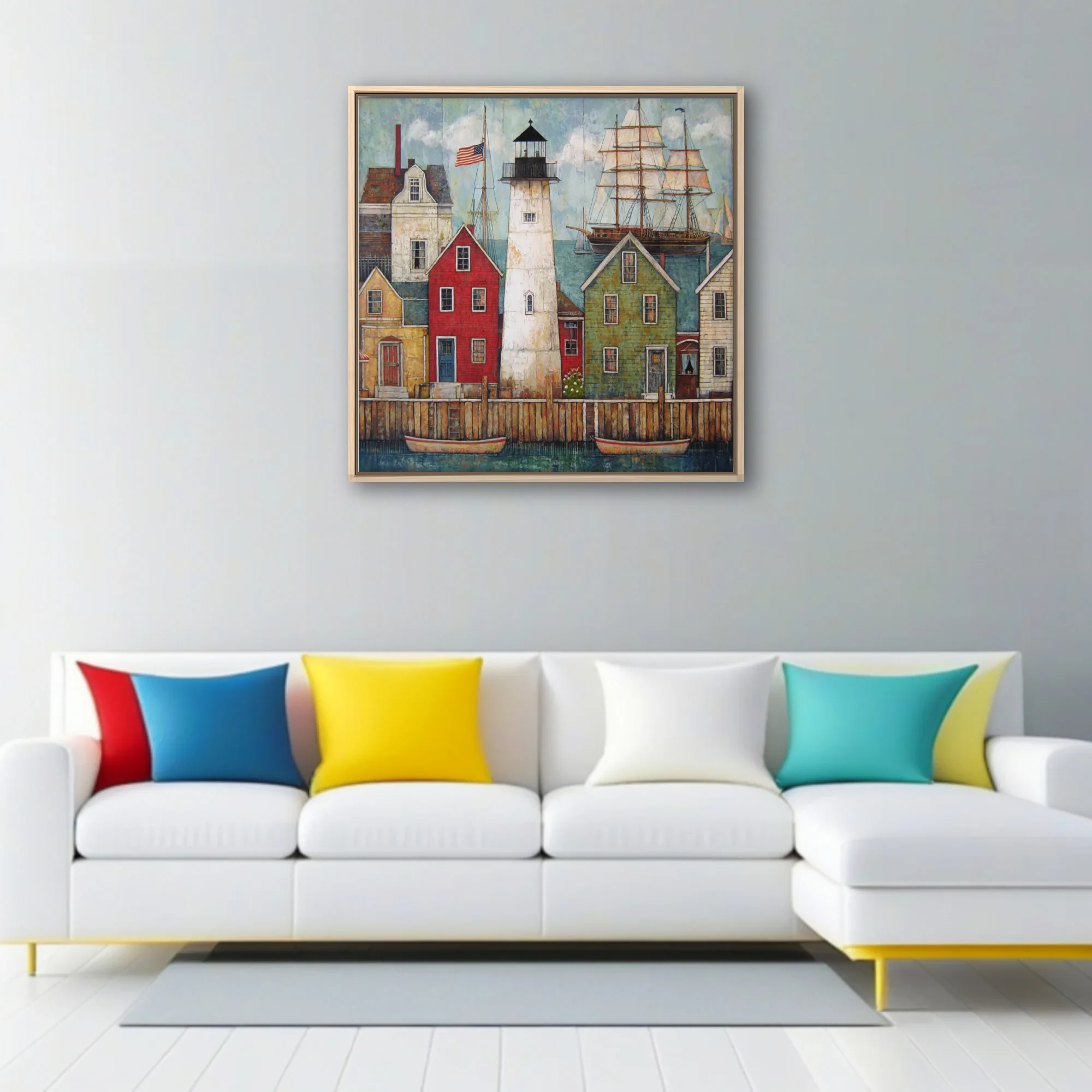 Folk art-style New England harbor town with lighthouse, tall ship, and colorful dockside buildings