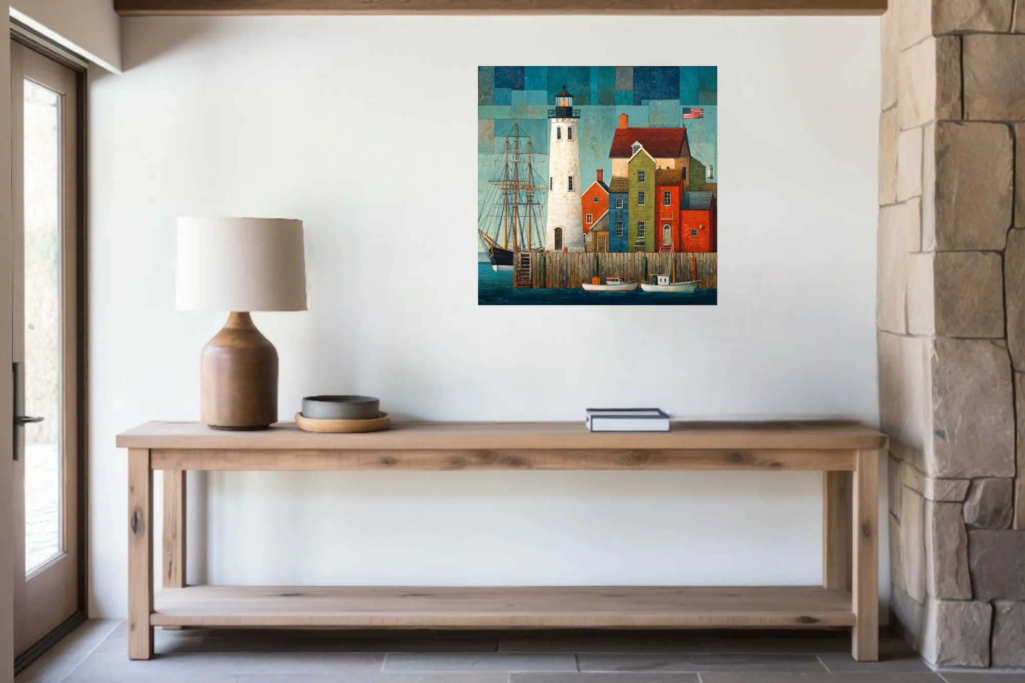 Folk-art style coastal harbor scene with lighthouse, tall ship, and colorful buildings