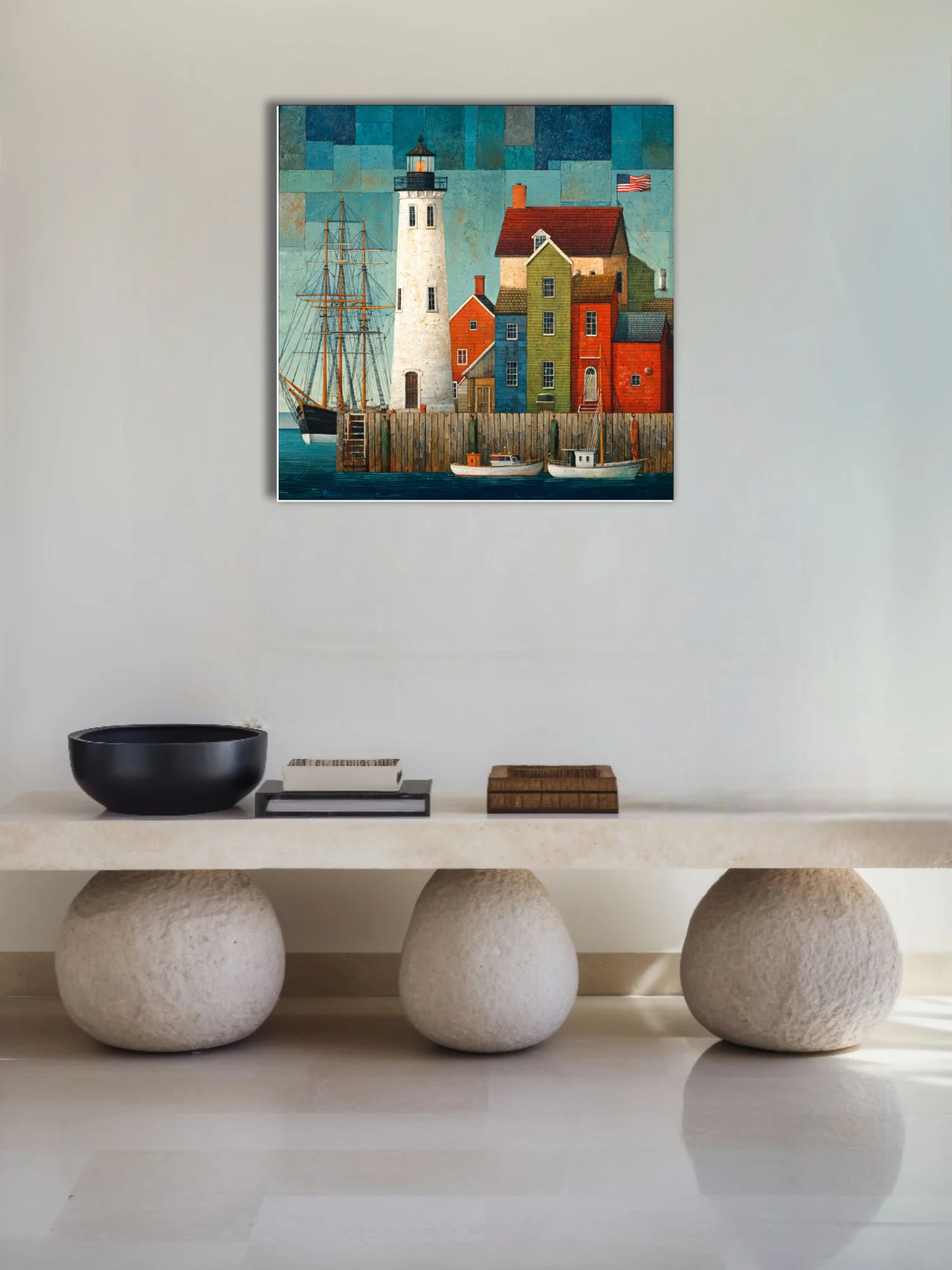 Folk-art style coastal harbor scene with lighthouse, tall ship, and colorful buildings