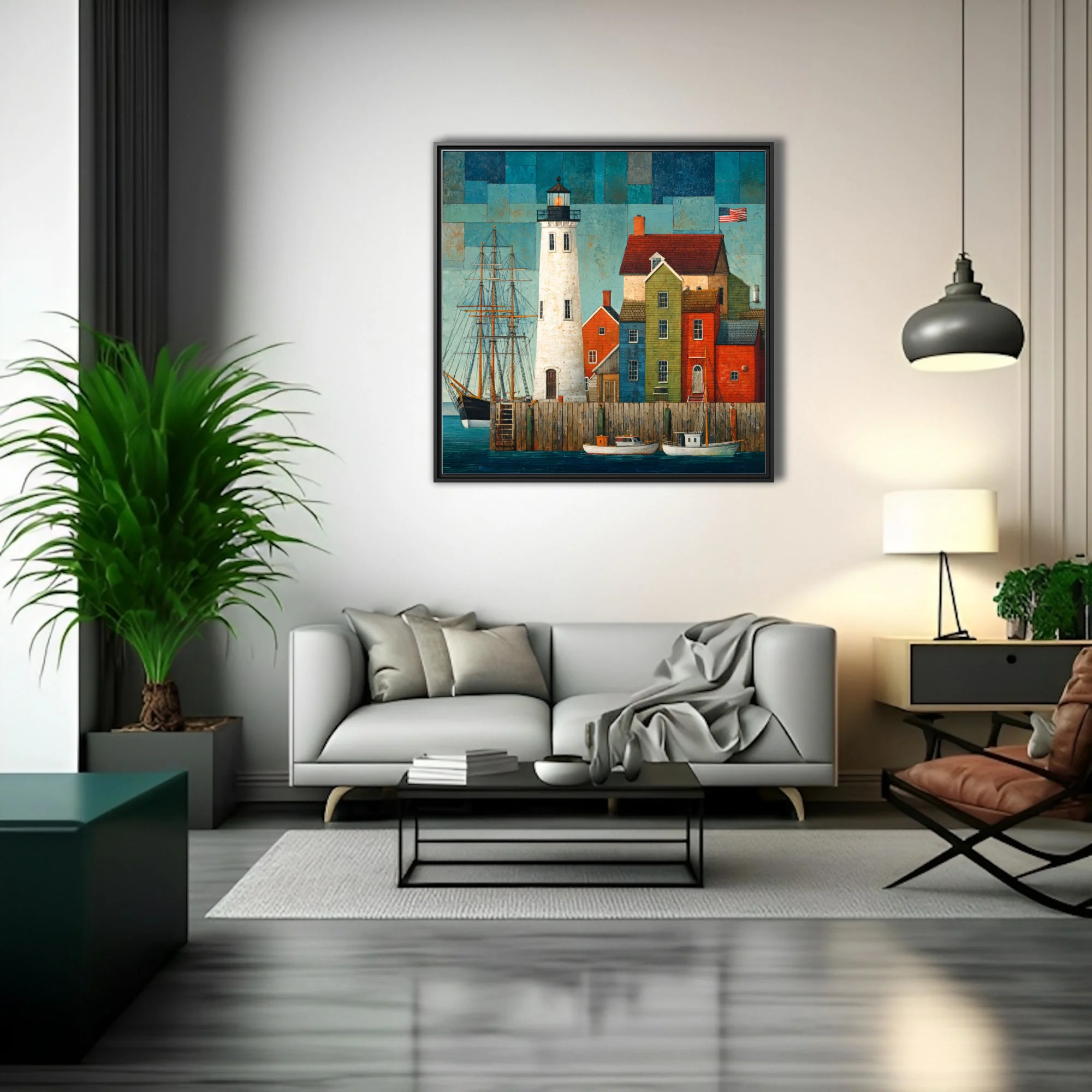 Folk-art style coastal harbor scene with lighthouse, tall ship, and colorful buildings