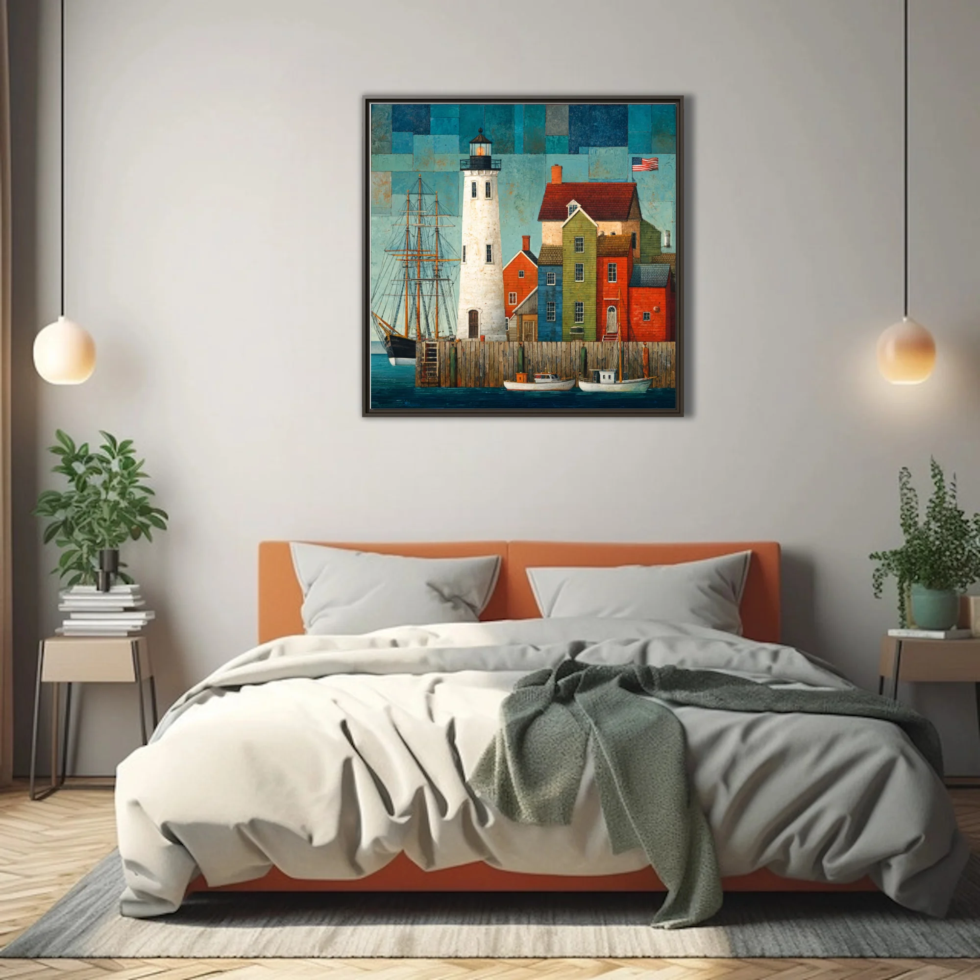 Folk-art style coastal harbor scene with lighthouse, tall ship, and colorful buildings
