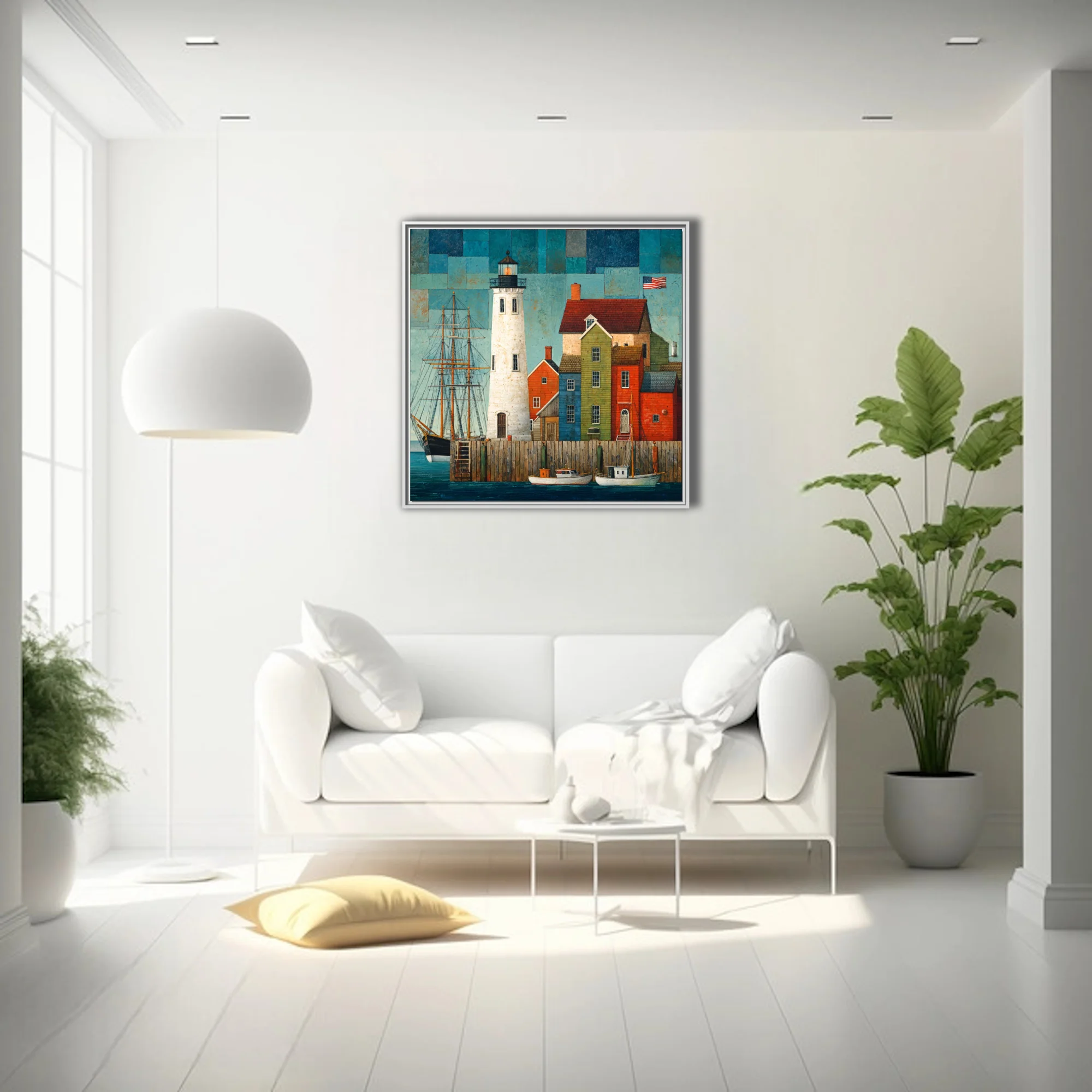 Folk-art style coastal harbor scene with lighthouse, tall ship, and colorful buildings