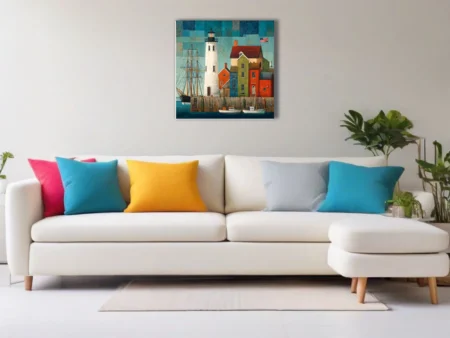 Folk-art style coastal harbor scene with lighthouse, tall ship, and colorful buildings