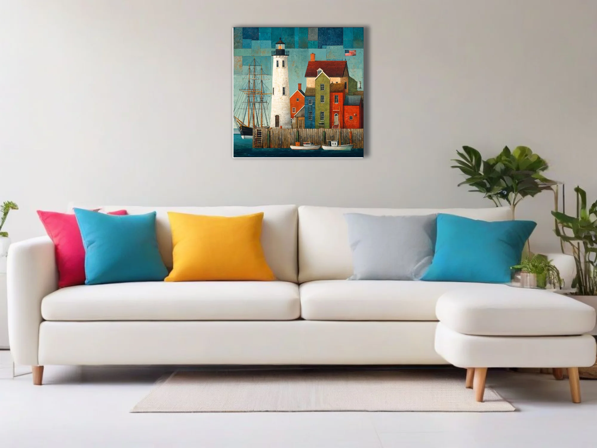 Folk-art style coastal harbor scene with lighthouse, tall ship, and colorful buildings