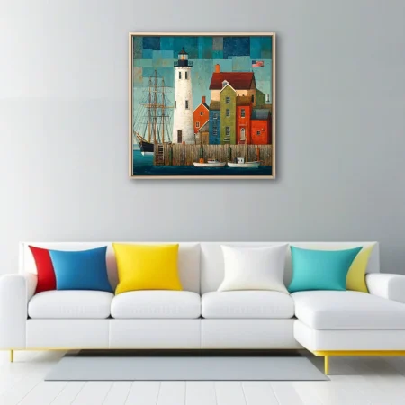Folk-art style coastal harbor scene with lighthouse, tall ship, and colorful buildings