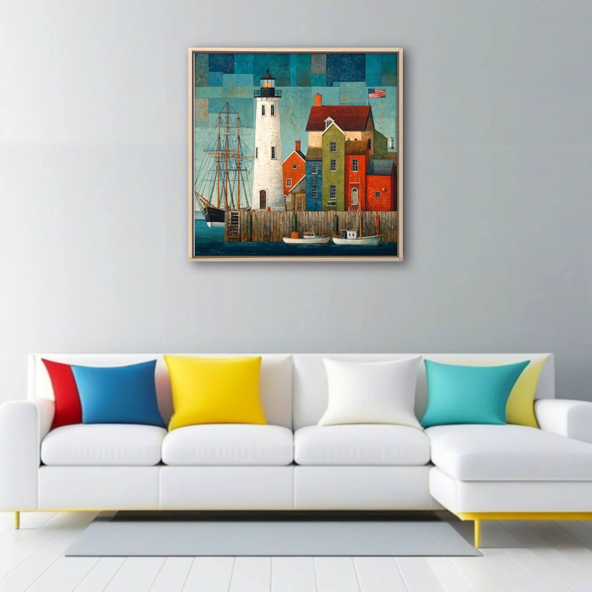 Folk-art style coastal harbor scene with lighthouse, tall ship, and colorful buildings