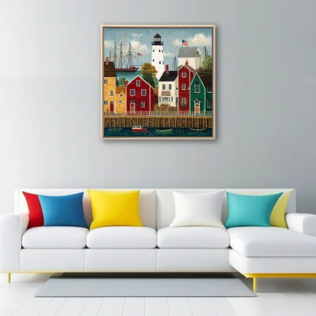 Folk art-style New England harbor with lighthouse, tall ships, and colorful waterfront buildings