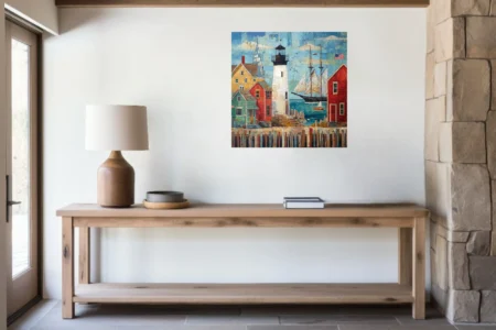 Folk-art collage-style coastal harbor with lighthouse, sailboats, and colorful buildings