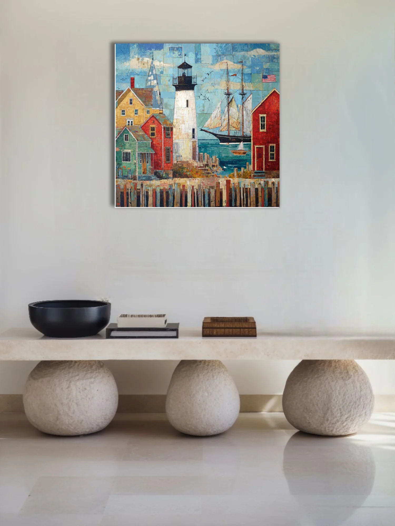 Folk-art collage-style coastal harbor with lighthouse, sailboats, and colorful buildings
