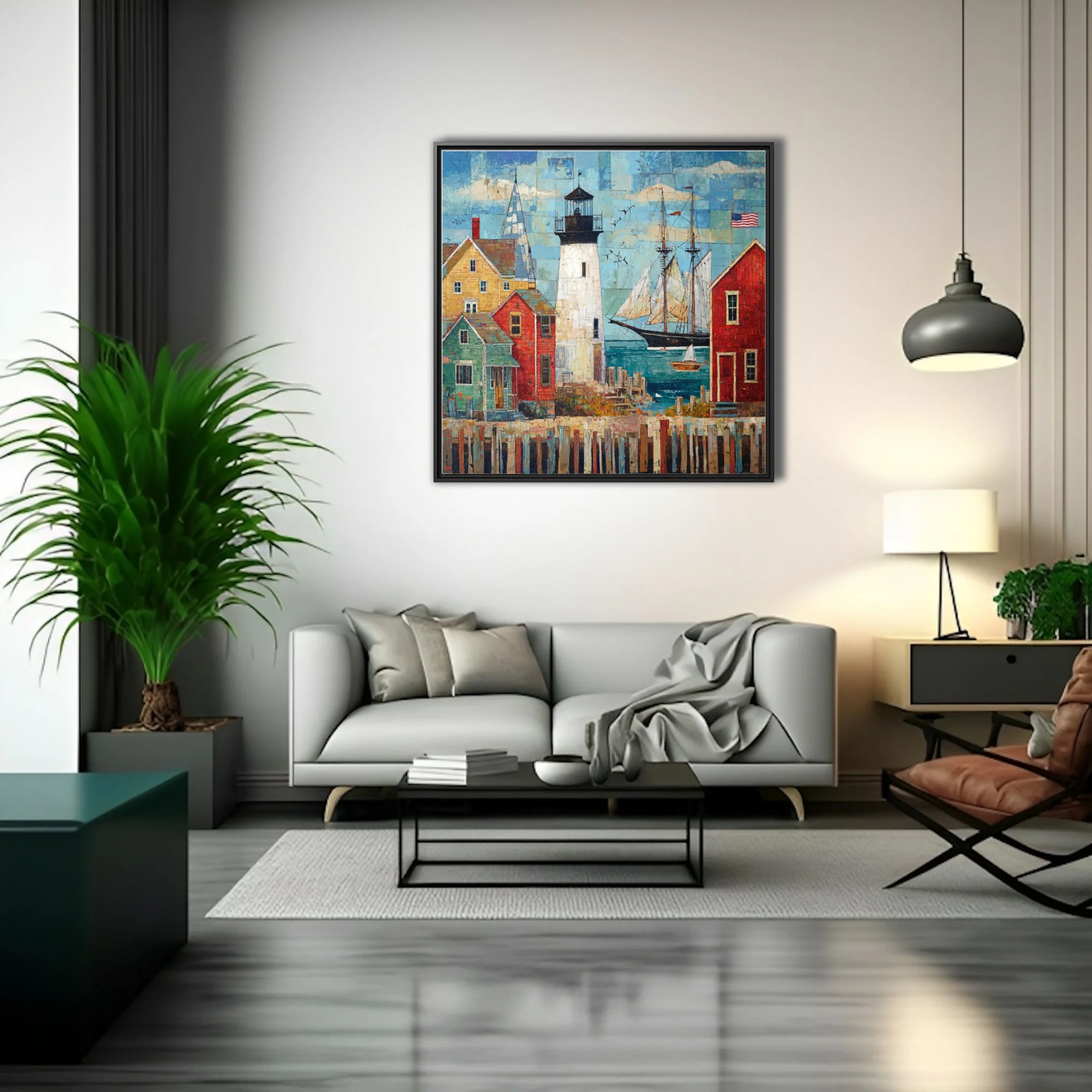 Folk-art collage-style coastal harbor with lighthouse, sailboats, and colorful buildings