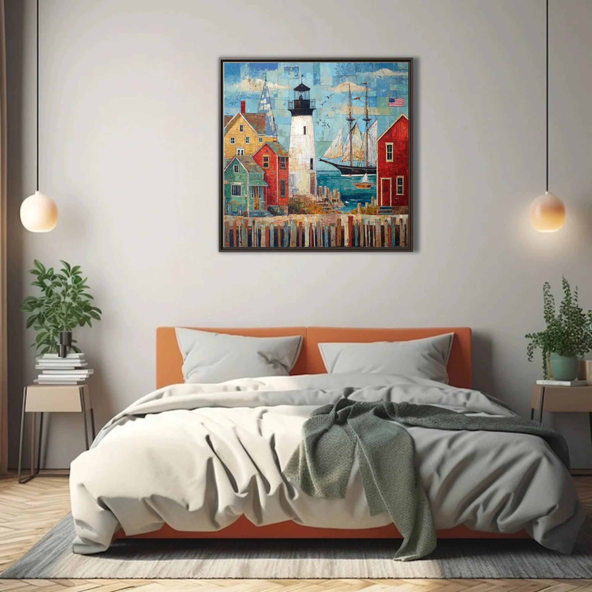 Folk-art collage-style coastal harbor with lighthouse, sailboats, and colorful buildings