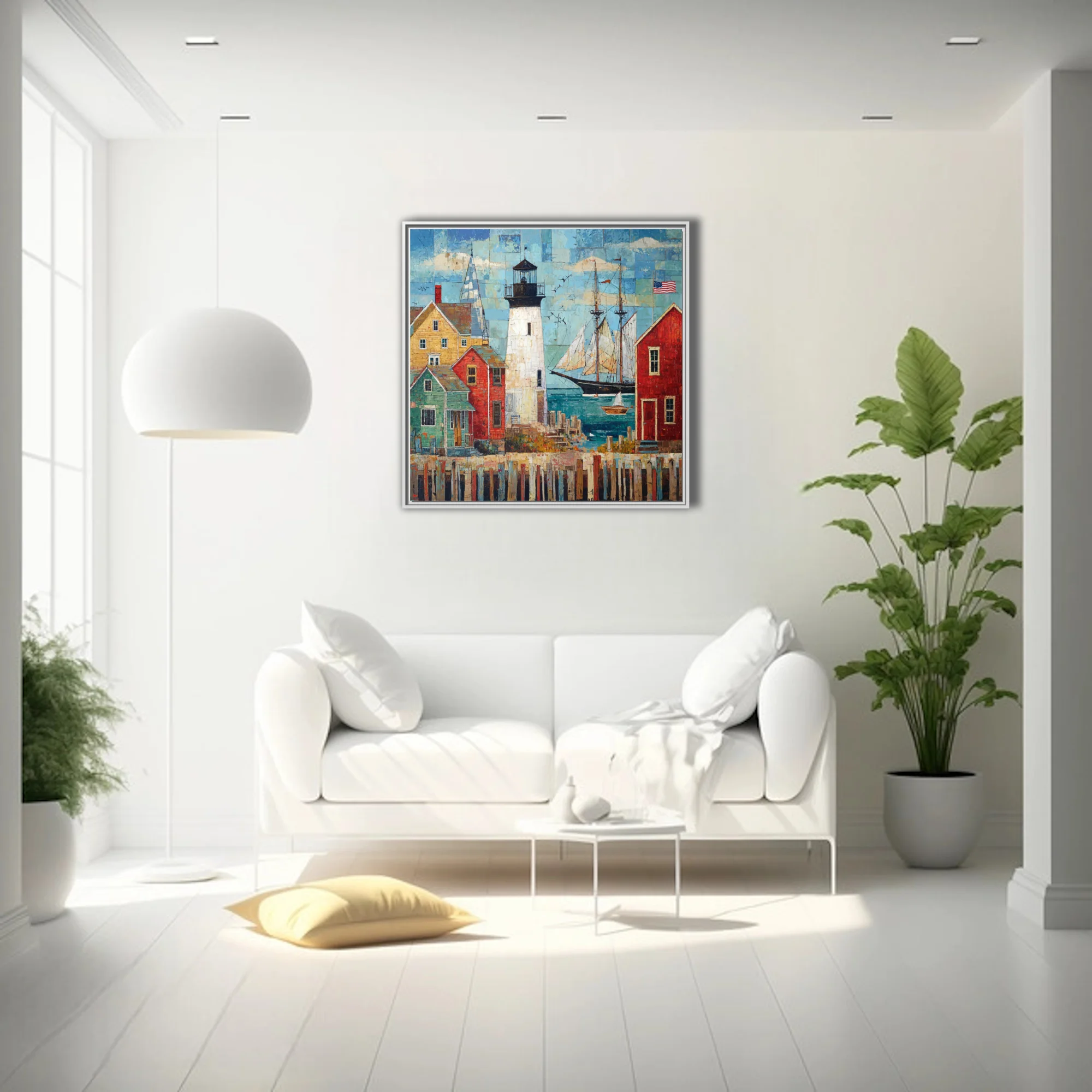 Folk-art collage-style coastal harbor with lighthouse, sailboats, and colorful buildings