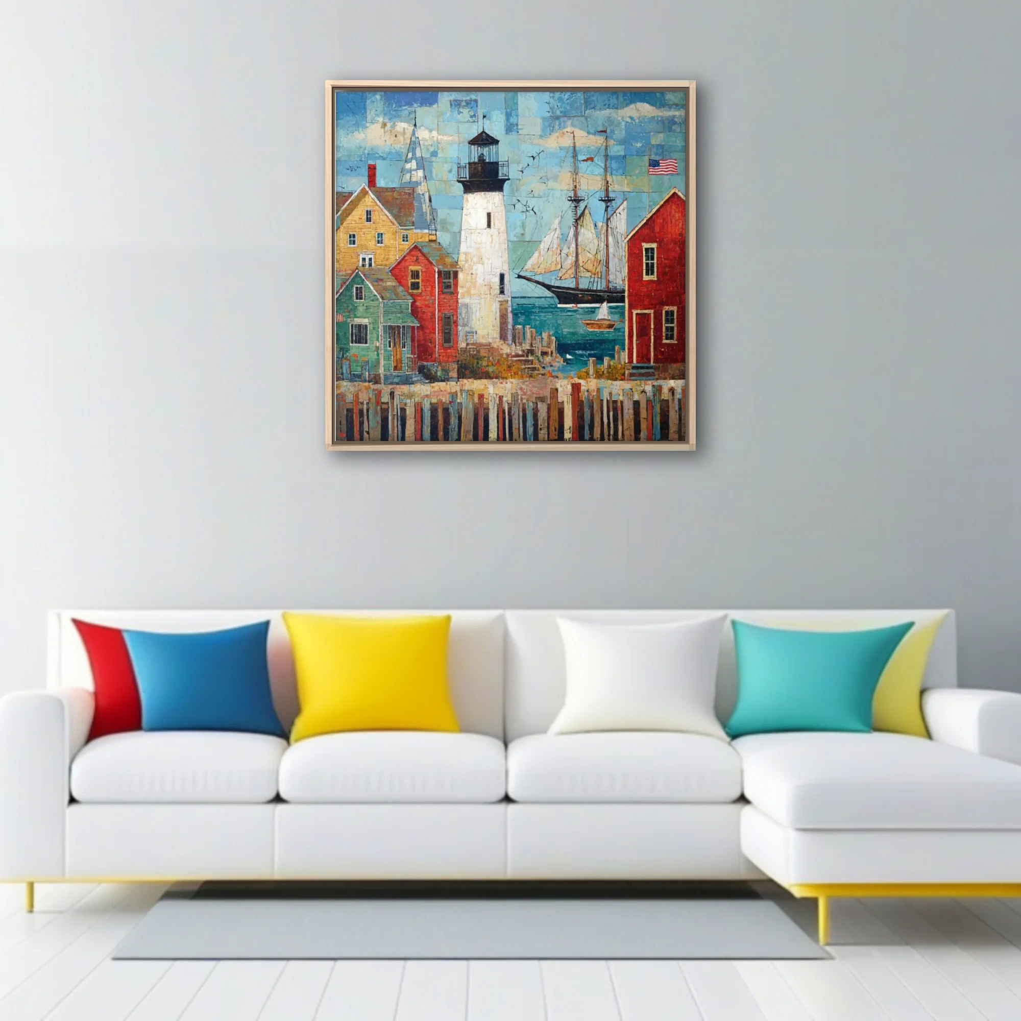 Folk-art collage-style coastal harbor with lighthouse, sailboats, and colorful buildings