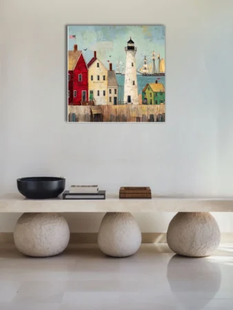 Folk art seaside town with lighthouse, sailing ships, and colorful clapboard buildings