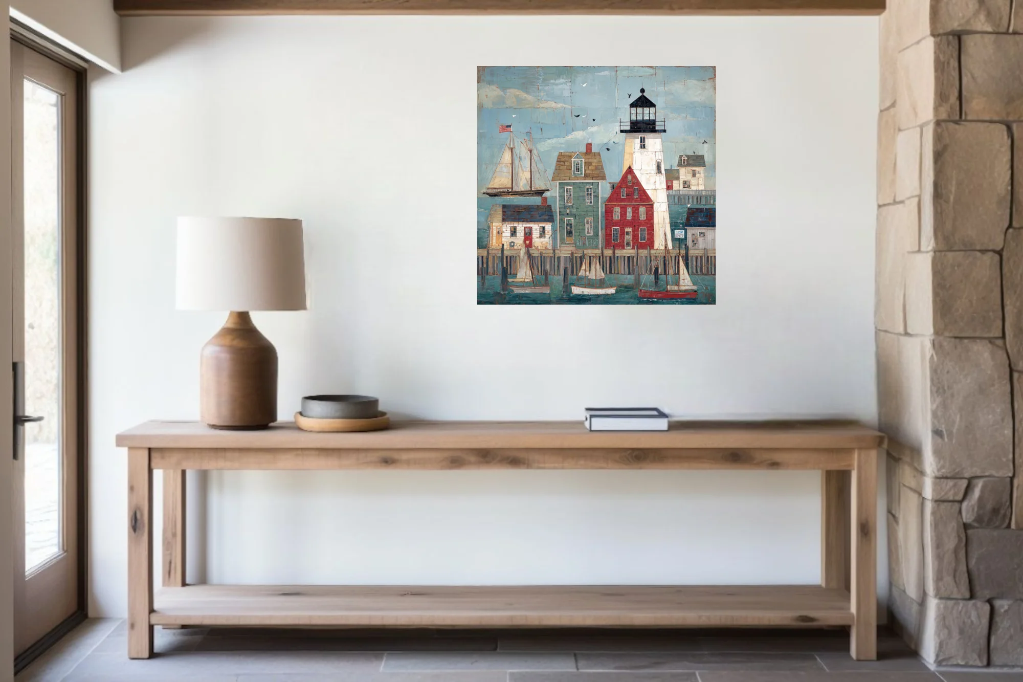 Folk-art New England harbor with lighthouse, sailboats, and colorful clapboard buildings