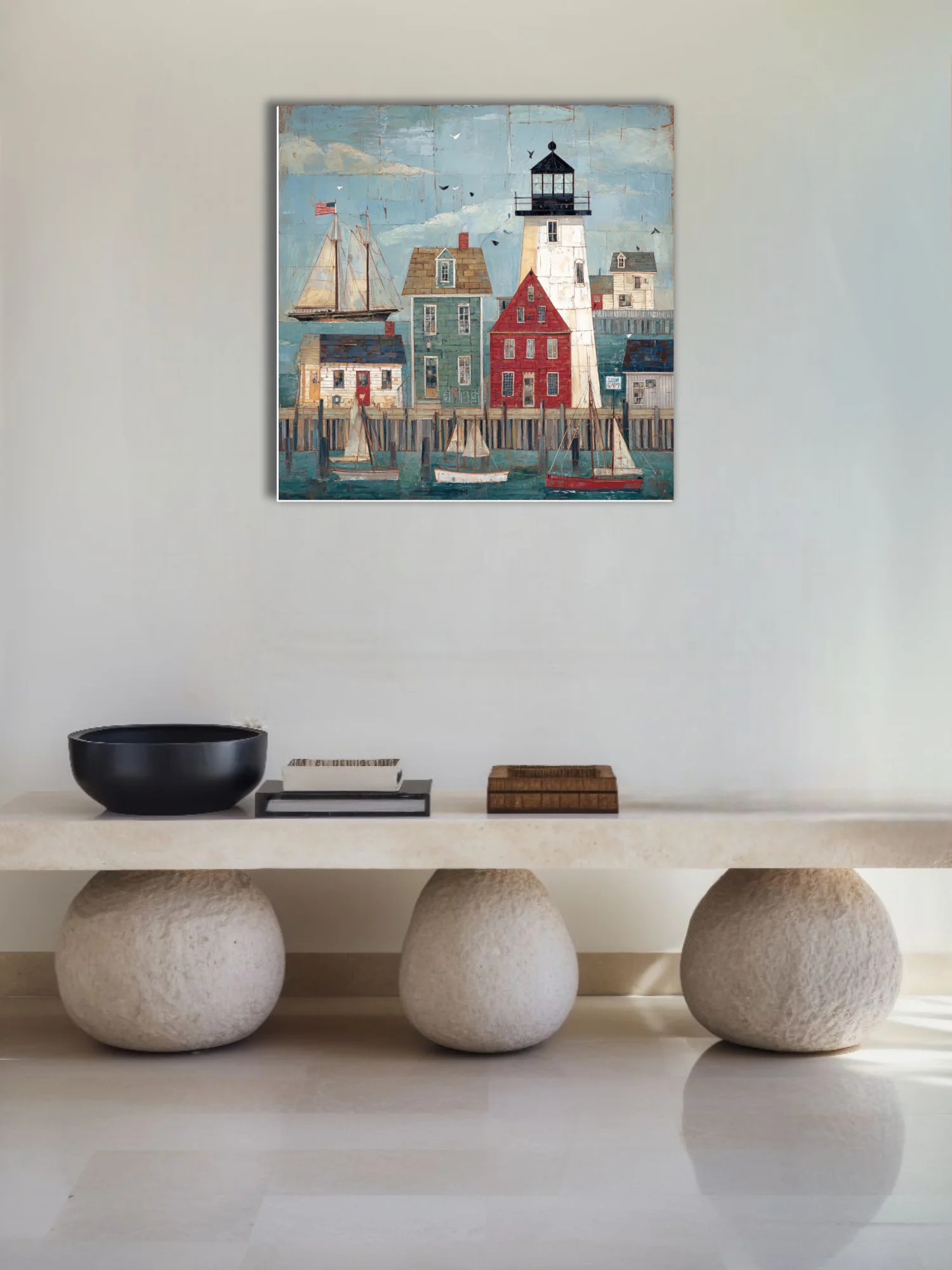 Folk-art New England harbor with lighthouse, sailboats, and colorful clapboard buildings