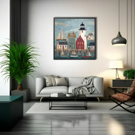 Folk-art New England harbor with lighthouse, sailboats, and colorful clapboard buildings