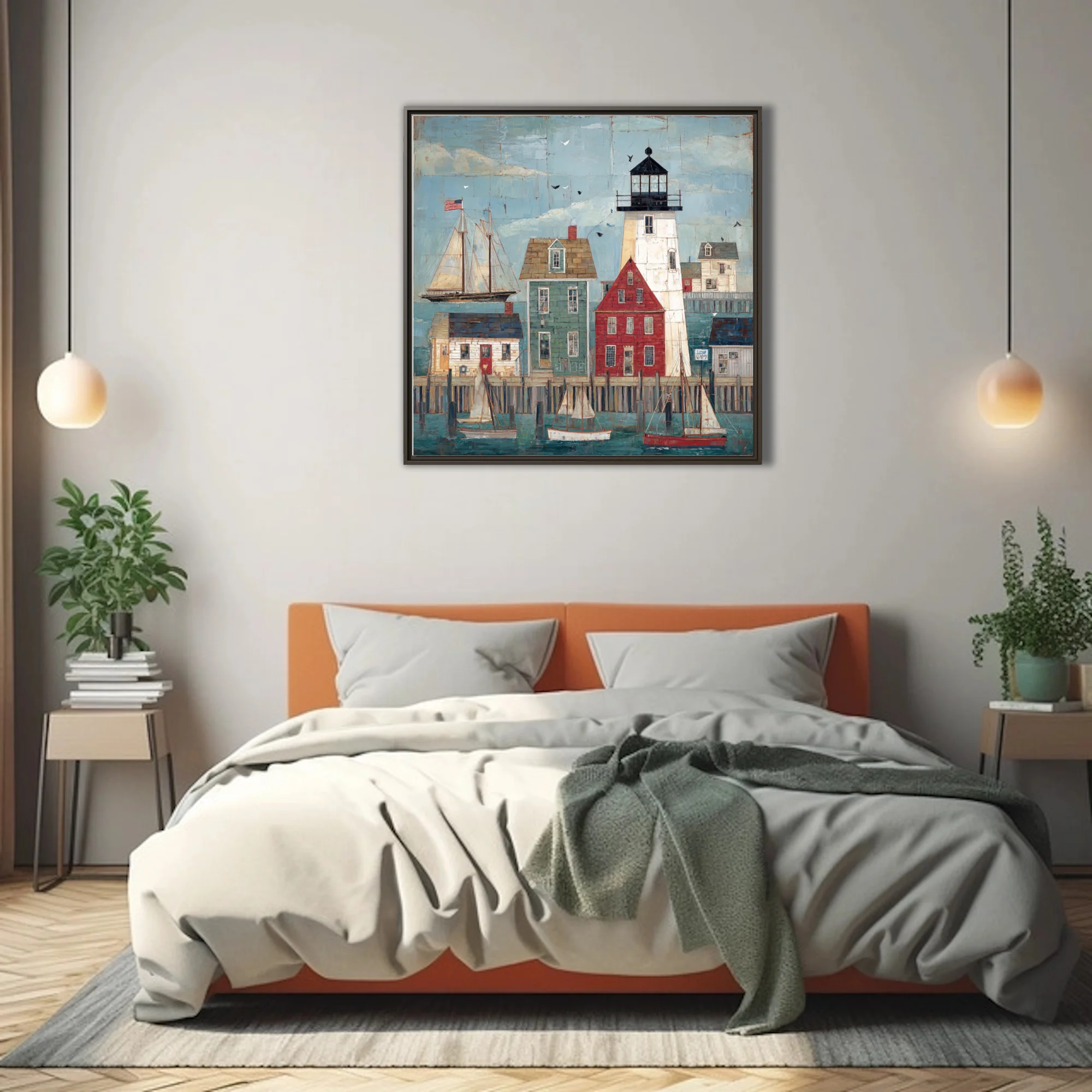 Folk-art New England harbor with lighthouse, sailboats, and colorful clapboard buildings