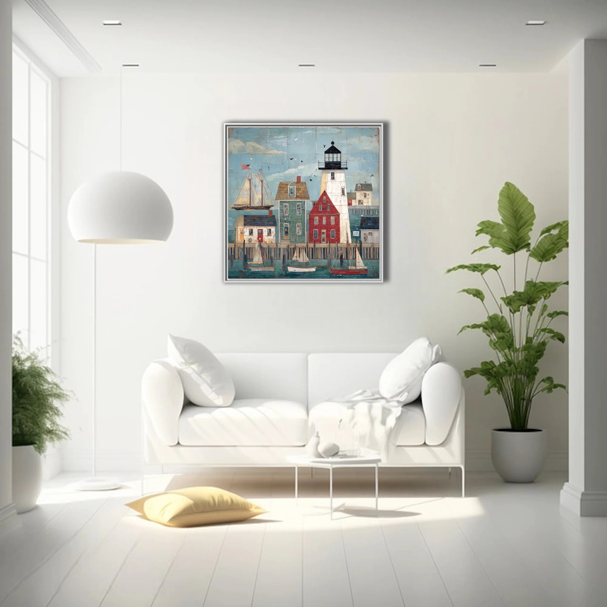 Folk-art New England harbor with lighthouse, sailboats, and colorful clapboard buildings