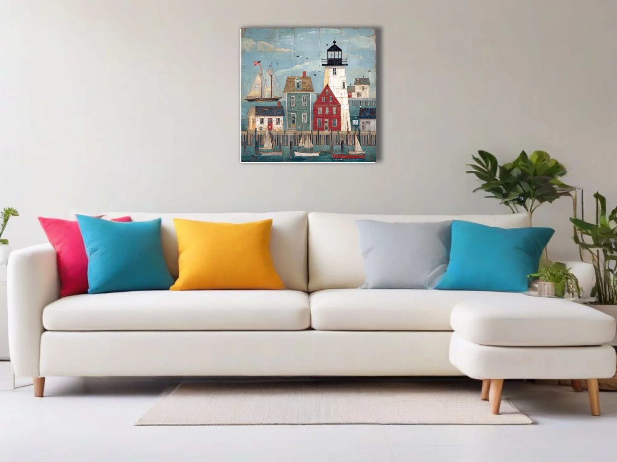 Folk-art New England harbor with lighthouse, sailboats, and colorful clapboard buildings