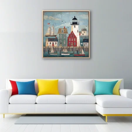 Folk-art New England harbor with lighthouse, sailboats, and colorful clapboard buildings