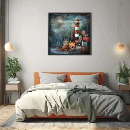 Folk-style seaside harbour town with lighthouse, glowing windows, teal moody sky