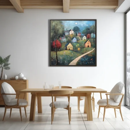 Folk-art hillside village scene with colorful cottages, wildflowers, and moonlit sky