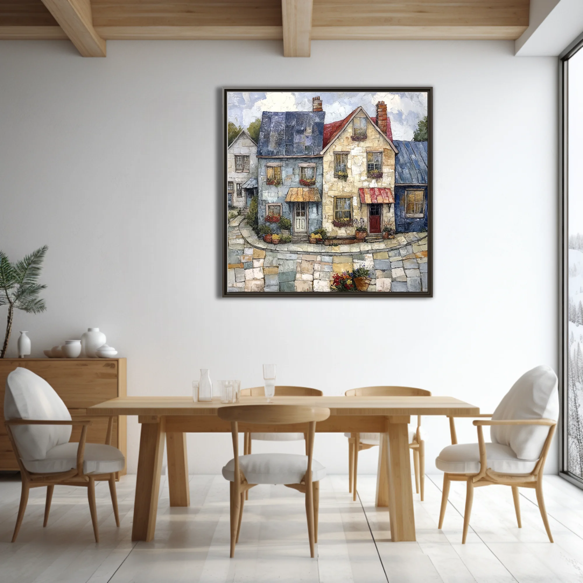 Folk-art village streetscape with stone cottages, flower boxes, cobblestone street, warm palette