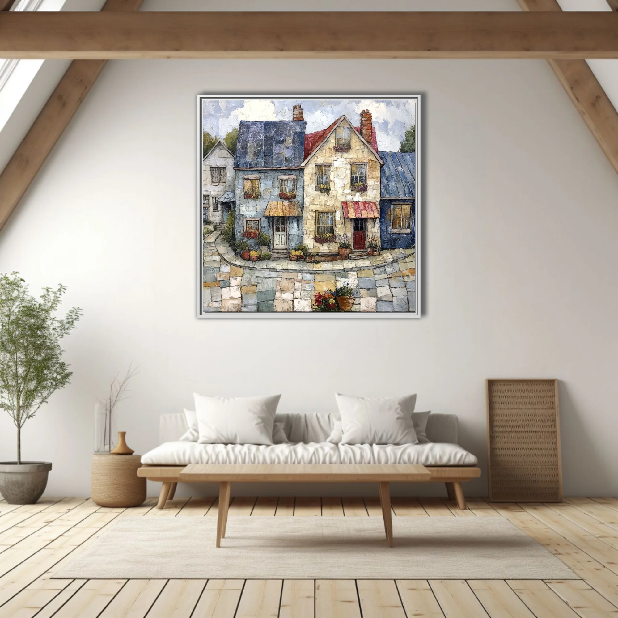Folk-art village streetscape with stone cottages, flower boxes, cobblestone street, warm palette